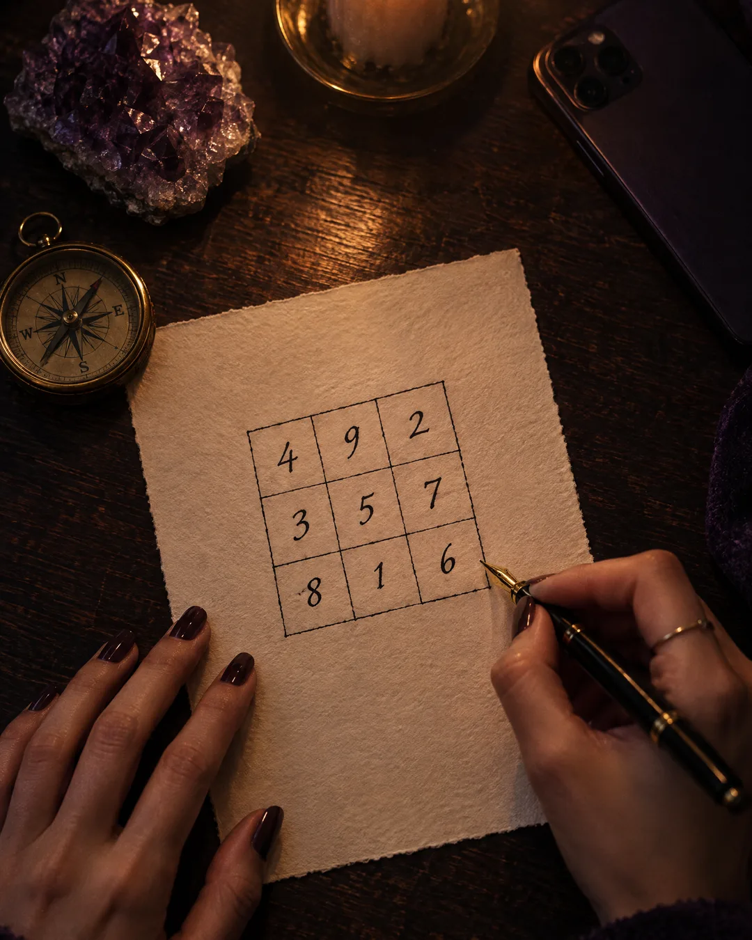 Hands with a fountain pen filling in a three-by-three number grid by candlelight, beside an amethyst crystal and a brass compass.